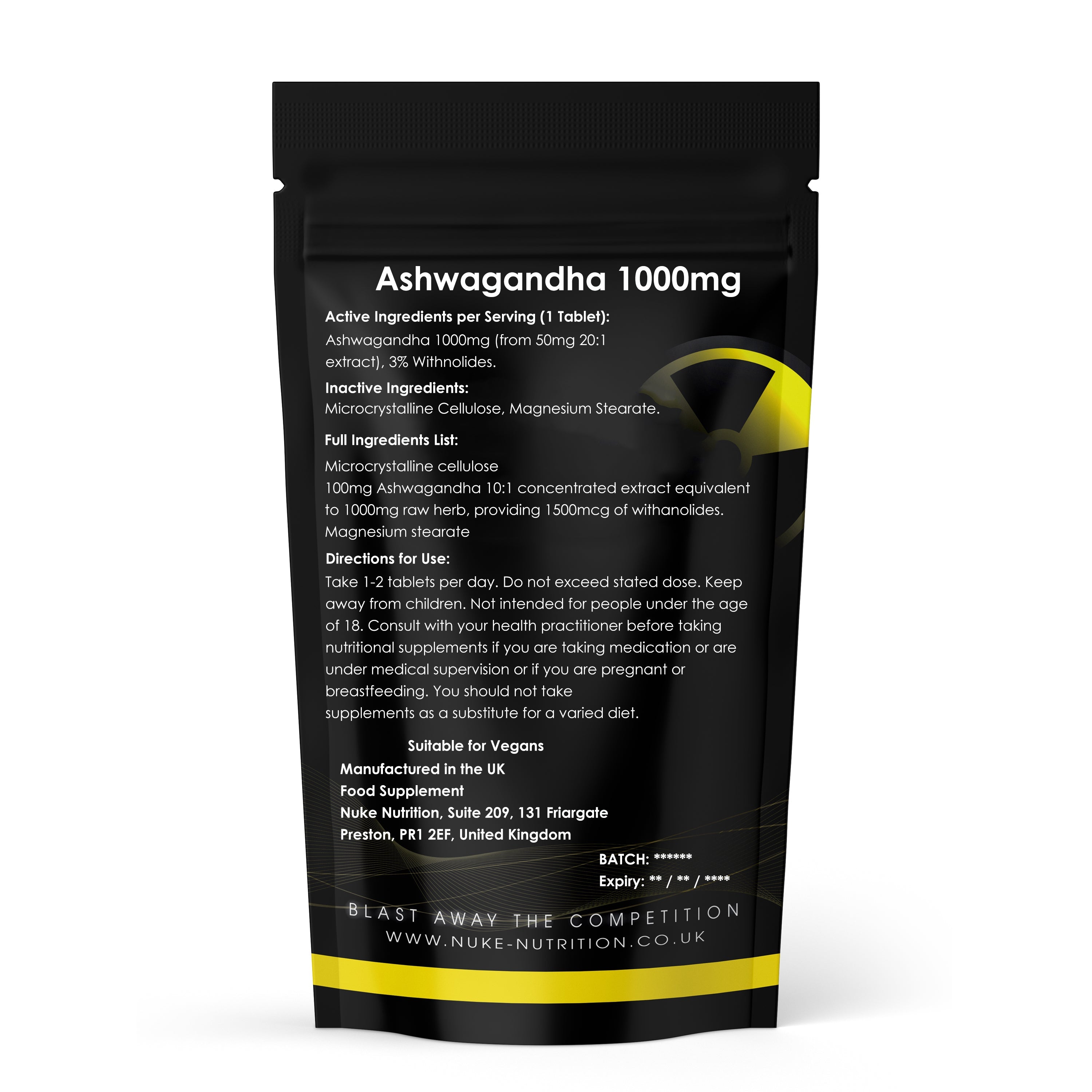 Nuke Nutrition — Ashwagandha 1000mg Tablets (3% Withanolides)