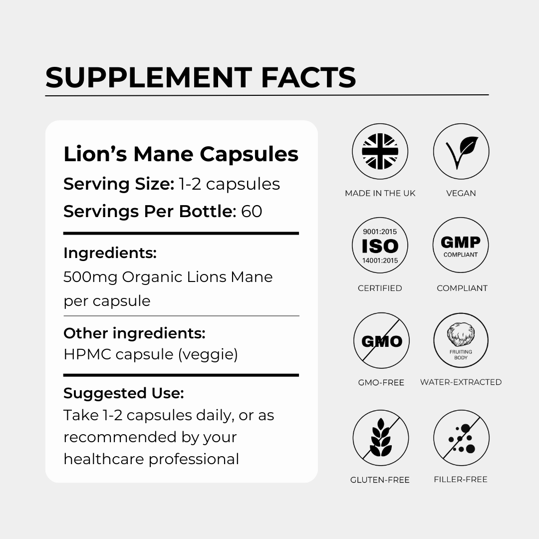 Charava UK — Lion’s Mane 500mg Capsules (Hericium erinaceus)